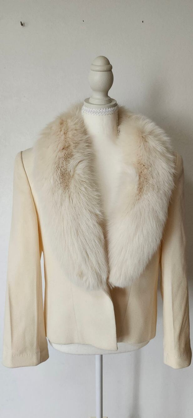 Vintage Regency Ivory Wool Blazer Jacket Fox Fur Collar  Size 12 Union Made USA